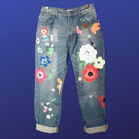 Miss Look Denim - MISS LOOK Painted Boyfriend jeans, Dark Wash wMulticolor flowers, Size 6-8